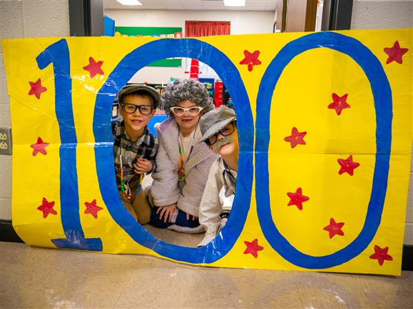 Students participating in 100th day of school activities. 